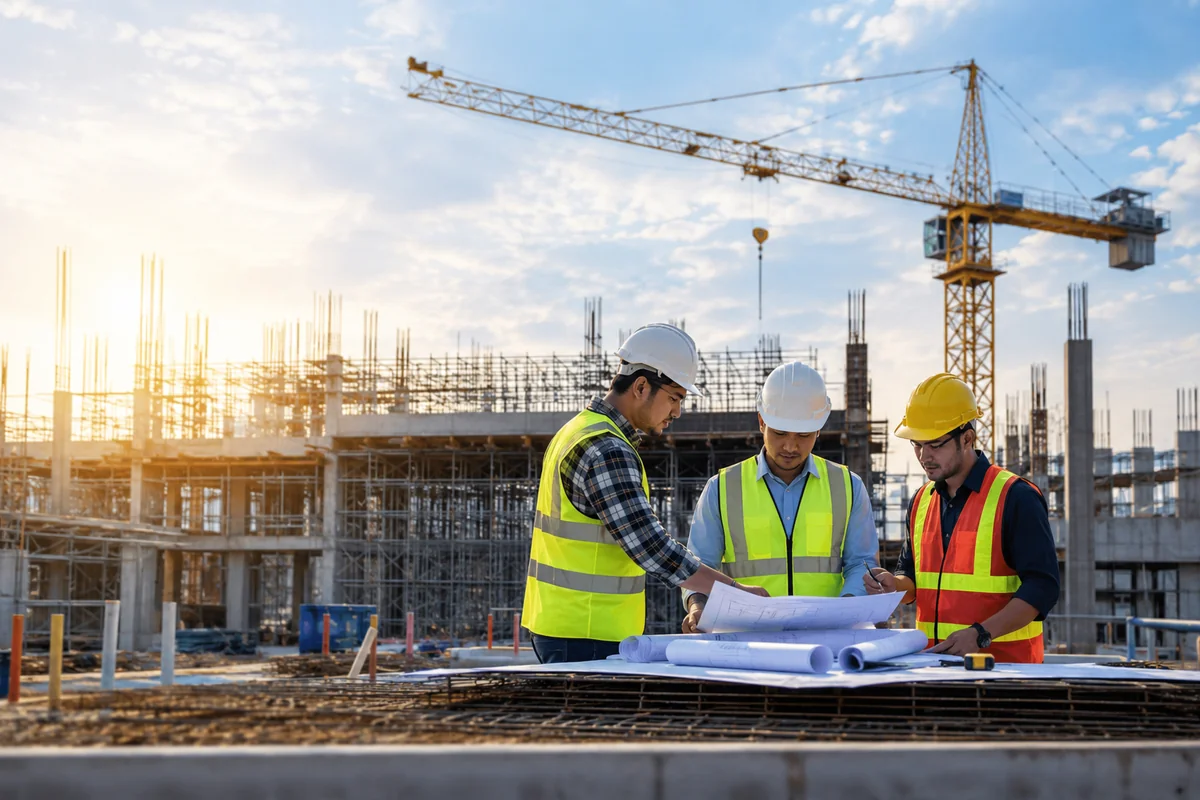 Construction team reviewing project plans for Odoo ERP implementation